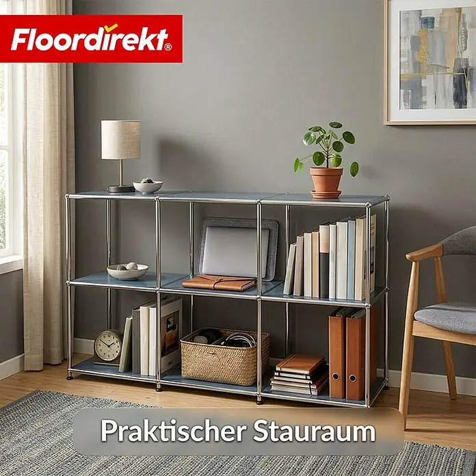 Floordirekt Metallregal Concept Epure MK-018 Grau - Anzahl Böden: 3 Stk., Schrauben, Grau - Modulares Regal in Blau und Chrom, zur organisierten Aufbewahrung von Büchern, Laptop und Deko in einem modernen Raum.