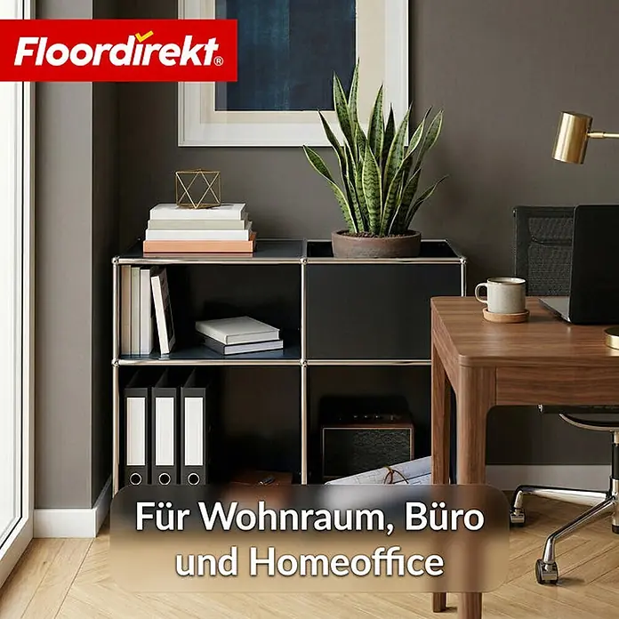 Floordirekt Metallregal Concept Epure MK-030 Schwarz - Anzahl Böden: 3 Stk., Schrauben, Schwarz - Dunkelgraues Modulregal mit Metallrahmen, gefüllt mit Büchern und Büromaterialien in einem modernen Homeoffice.