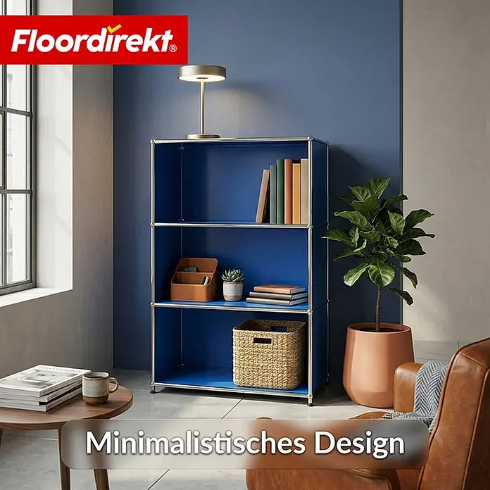 Floordirekt Metallregal Concept Epure MK-101 Blau - H x B x T: 120 x 75 x 40 cm, Anzahl Böden: 4 Stk., Schrauben, Blau - Blaues modulares Regal mit silbernem Rahmen in modernem Raum, mit Büchern und Deko.