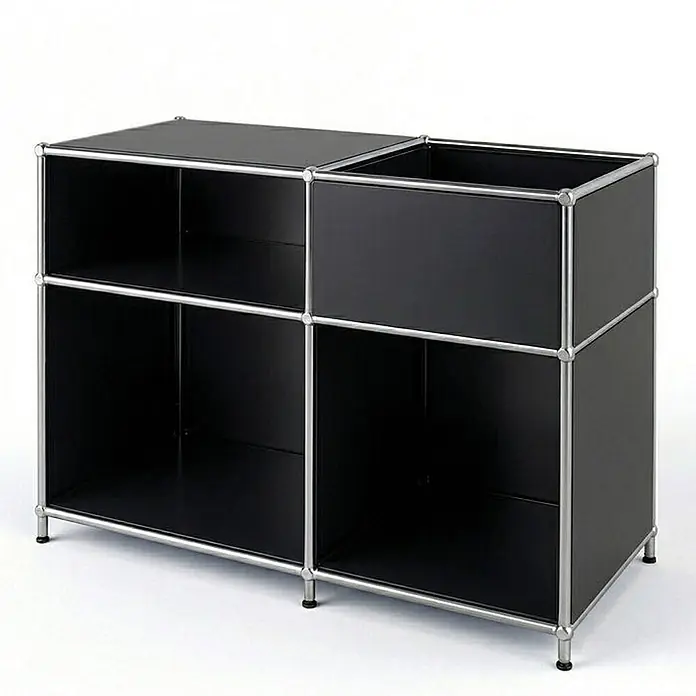 Floordirekt Metallregal Concept Epure MK-030 Schwarz - Anzahl Böden: 3 Stk., Schrauben, Schwarz - Schwarzes modulares Regal mit silbernen Rahmen, offenen Fächern und einem oberen Behälter zur vielseitigen Organisation.