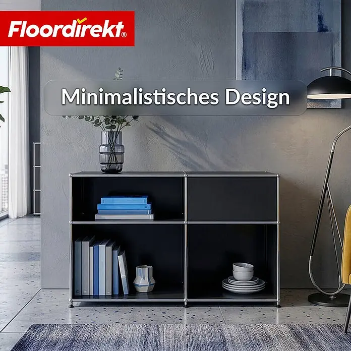 Floordirekt Metallregal Concept Epure MK-030 Schwarz - Anzahl Böden: 3 Stk., Schrauben, Schwarz - Schwarzes modulares Regal mit silbernem Rahmen in einem modernen Wohnzimmer, für Bücher und Dekoration.