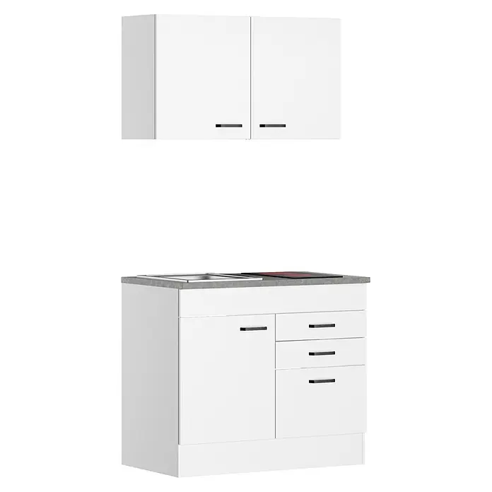 Optifit Optimulti Miniküche Bonn214 - Breite: 100 cm, Weiß, Mit 2-Platten-Glaskeramikkochfeld - Weißes Küchenschrank-Set mit Oberschrank und Unterschrank, Spüle, Kochfeld, dunklen Griffen und grauer Arbeitsplatte.