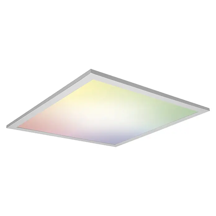 Osram Smart+ LED-Panel Planon Plus - L x B x H: 45 x 45 x 5,6 cm, Weiß, RGBW - Rechteckige LED-Deckenleuchte mit grauem Rahmen und farbigem Lichtverlauf.