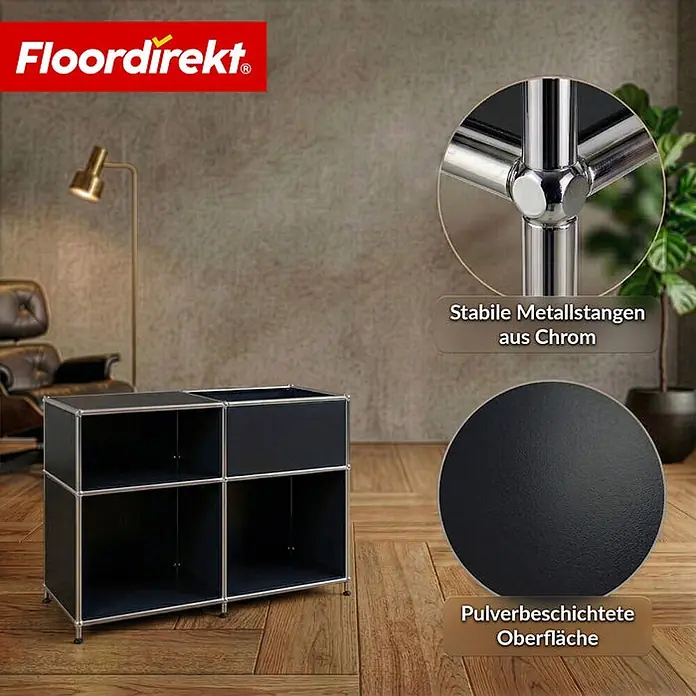 Floordirekt Metallregal Concept Epure MK-030 Schwarz - Anzahl Böden: 3 Stk., Schrauben, Schwarz - Schwarzes modulares Regal mit Chromrahmen und pulverbeschichteter Oberfläche, in modernem Raum.