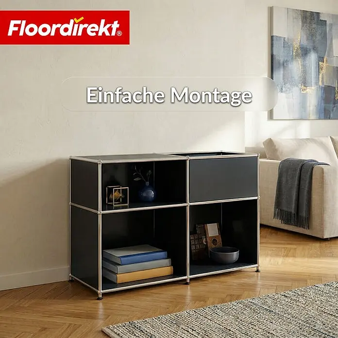 Floordirekt Metallregal Concept Epure MK-030 Schwarz - Anzahl Böden: 3 Stk., Schrauben, Schwarz - Schwarzes modulares Sideboard mit silbernen Rahmen, offenen Fächern und einem geschlossenen Abteil, in einem modernen Wohnzimmer.