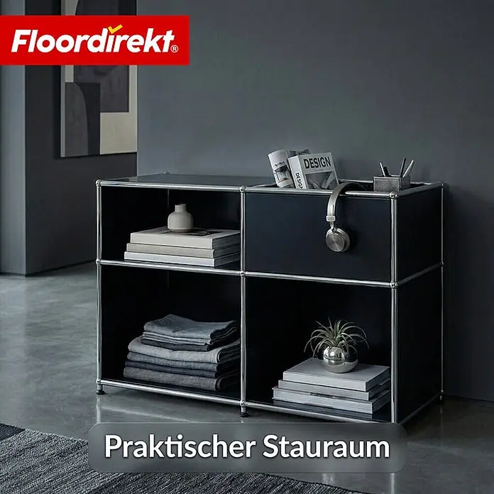 Floordirekt Metallregal Concept Epure MK-030 Schwarz - Anzahl Böden: 3 Stk., Schrauben, Schwarz - Schwarzes modulares Regal mit Chromrahmen und sechs Fächern.