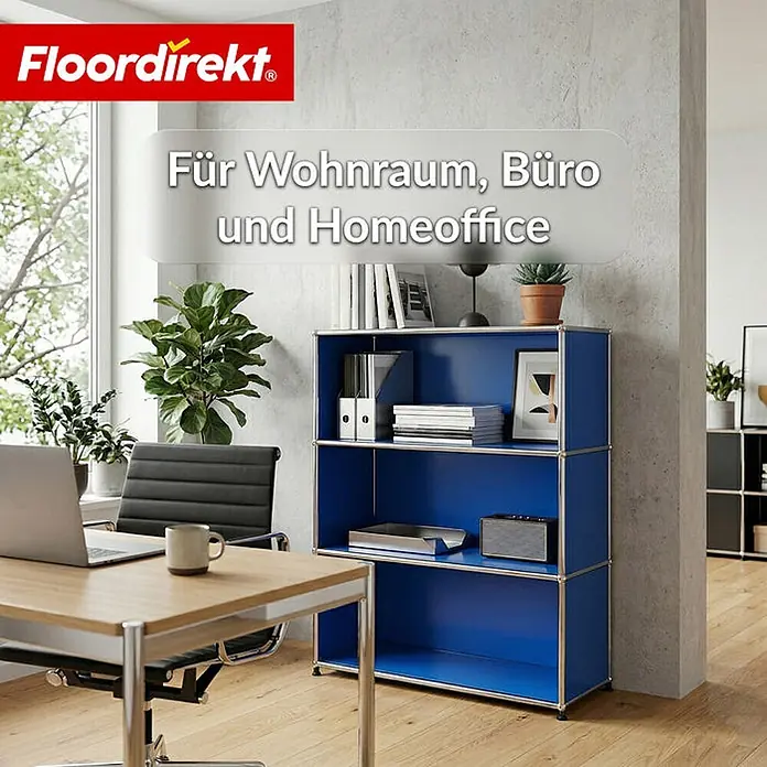 Floordirekt Metallregal Concept Epure MK-101 Blau - H x B x T: 120 x 75 x 40 cm, Anzahl Böden: 4 Stk., Schrauben, Blau - Blaues modulares Regalsystem in einem modernen Büro, geeignet für Wohnraum, Büro und Homeoffice.