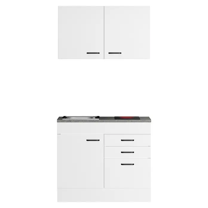 Optifit Optimulti Miniküche Bonn214 - Breite: 100 cm, Weiß, Mit 2-Platten-Glaskeramikkochfeld - Weiße Küchenzeile mit grauer Arbeitsplatte, integrierter Spüle und Kochfeld. Umfasst Unterschränke mit Schubladen und Tür sowie passende Oberschränke.