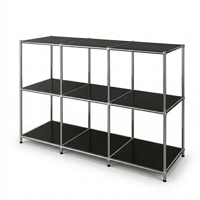 Floordirekt Metallregal Concept Epure MK-018 Schwarz - Anzahl Böden: 3 Stk., Schrauben, Schwarz - Zweistöckiges modulares Regal mit schwarzen Böden und verchromtem Stahlrahmen.