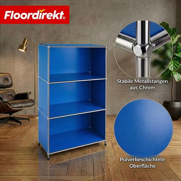 Floordirekt Metallregal Concept Epure MK-101 Blau - H x B x T: 120 x 75 x 40 cm, Anzahl Böden: 4 Stk., Schrauben, Blau - Blaues dreistöckiges Regal mit verchromten Metallstangen und pulverbeschichteter Oberfläche in einem modernen Wohnzimmer.