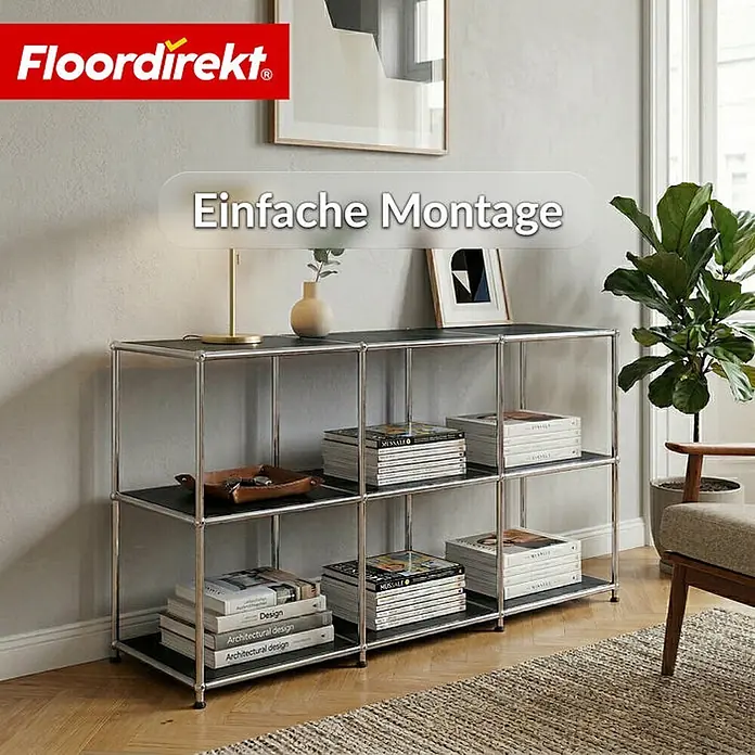 Floordirekt Metallregal Concept Epure MK-018 Schwarz - Anzahl Böden: 3 Stk., Schrauben, Schwarz - Silbernes Regal mit schwarzen Böden, gefüllt mit Büchern und Dekoration in einem modernen Wohnraum.