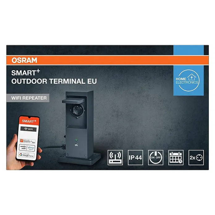 Ledvance Smart+ WiFi Energiesäule mit integriertem WLAN-Repeater und zwei smarten Steckdosen - Anthrazit - Dunkelgraues OSRAM SMART+ Outdoor-Stromterminal, IP44, mit WLAN-Repeater, App-Steuerung und 2 Steckdosen.