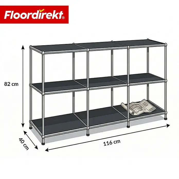 Floordirekt Metallregal Concept Epure MK-018 Schwarz - Anzahl Böden: 3 Stk., Schrauben, Schwarz - Graues Metallregal mit drei Ebenen und sechs Fächern, Maße 82x116x40 cm.