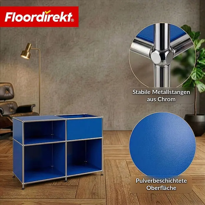 Floordirekt Metallregal Concept Epure MK-030 Blau - H x B x T: 65 x 88 x 40 cm, Anzahl Böden: 3 Stk., Schrauben, Blau - Blaues modulares Regal mit Chromrahmen und pulverbeschichteten Platten, ideal für Zuhause oder Büro.