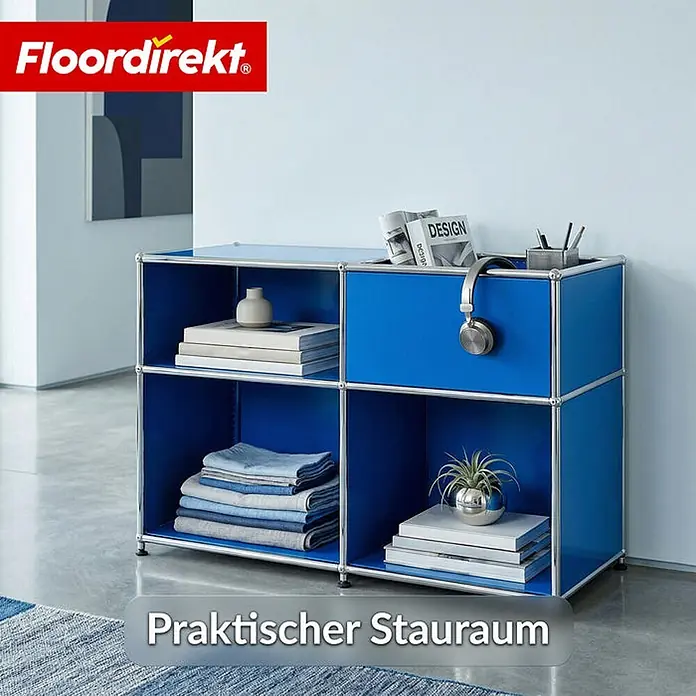 Floordirekt Metallregal Concept Epure MK-030 Blau - H x B x T: 65 x 88 x 40 cm, Anzahl Böden: 3 Stk., Schrauben, Blau - Blaues modulares Regal mit silbernem Rahmen, mit Büchern, Handtüchern und Deko. Praktische Aufbewahrungslösung.