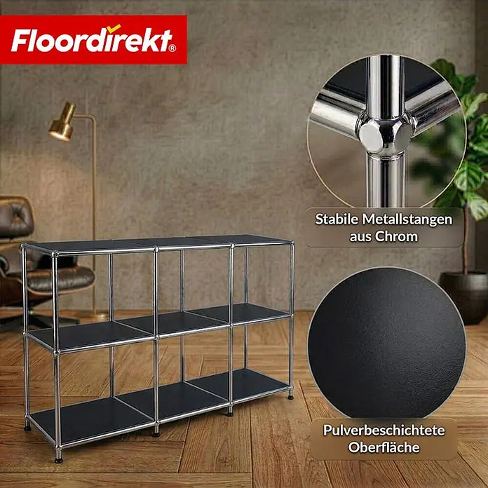 Floordirekt Metallregal Concept Epure MK-018 Schwarz - Anzahl Böden: 3 Stk., Schrauben, Schwarz - Schwarzes und verchromtes 3-stöckiges Regal in einem modernen Raum, mit Chromgestell und pulverbeschichteten Böden.