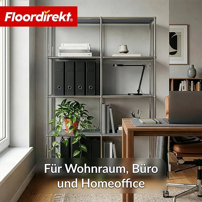 Floordirekt Metallregal Concept Epure MK-015 Grau - H x B x T: 118 x 78 x 40 cm, Anzahl Böden: 5 Stk., Schrauben, Grau - Graues modulares Regalsystem mit Metallrahmen, gefüllt mit Büroartikeln, ideal für Wohn-, Büro- und Homeoffice-Bereiche.
