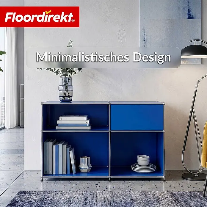 Floordirekt Metallregal Concept Epure MK-030 Blau - H x B x T: 65 x 88 x 40 cm, Anzahl Böden: 3 Stk., Schrauben, Blau - Blaues modulares Aufbewahrungsmöbel mit silbernem Rahmen, mit Büchern und Deko in einem modernen Raum.