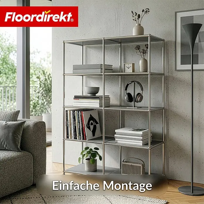 Floordirekt Metallregal Concept Epure MK-015 Grau - H x B x T: 118 x 78 x 40 cm, Anzahl Böden: 5 Stk., Schrauben, Grau - Hohes, modulares Regal mit silbernem Metallrahmen und grauen Böden, gefüllt mit Büchern und Deko im modernen Wohnzimmer.