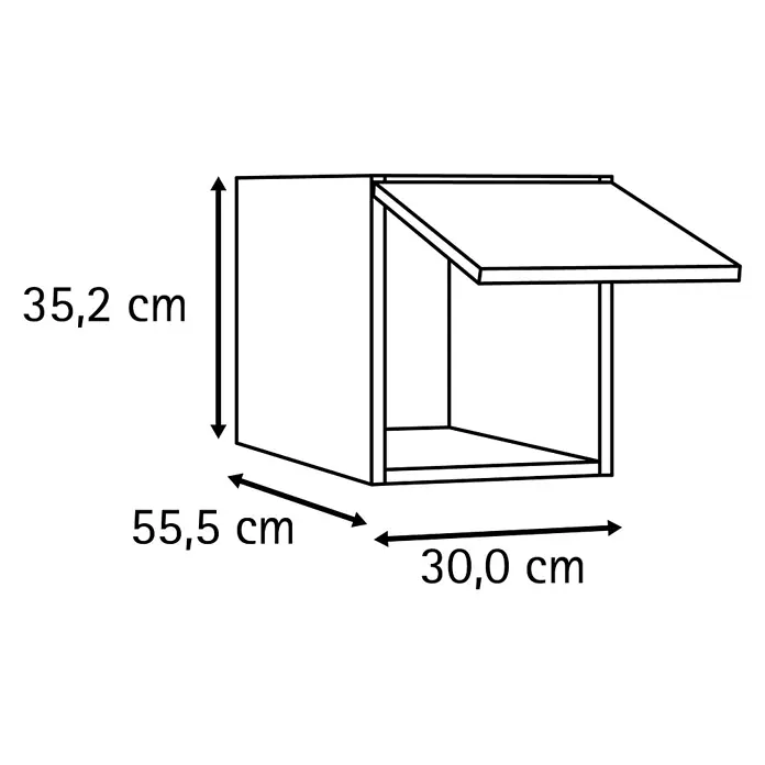Optifit Optimulti Küchen-Aufsatzschrank Bonn214 - L x B x H: 57,1 x 30 x 35,2 cm, Weiß - Strichzeichnung eines offenen Schranks mit Maßen: 55,5 cm Breite, 35,2 cm Höhe, 30,0 cm Tiefe.