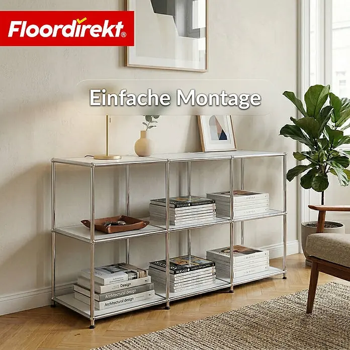 Floordirekt Metallregal Concept Epure MK-018 Weiß - Anzahl Böden: 3 Stk., Schrauben, Weiß - Weißes und verchromtes modulares Regal mit drei Ebenen und mehreren Fächern, für Bücher und Deko in einem modernen Wohnzimmer.