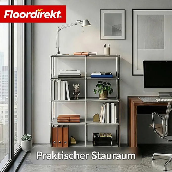 Floordirekt Metallregal Concept Epure MK-015 Grau - H x B x T: 118 x 78 x 40 cm, Anzahl Böden: 5 Stk., Schrauben, Grau - Silbernes Metallregal in modernem Raum, gefüllt mit Büchern, Pflanzen & Deko, bietet praktischen Stauraum.