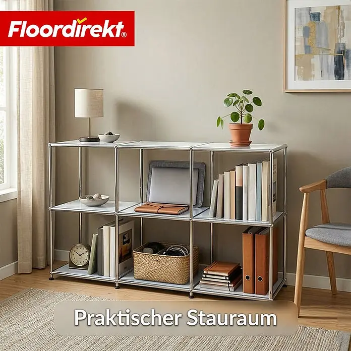 Floordirekt Metallregal Concept Epure MK-018 Weiß - Anzahl Böden: 3 Stk., Schrauben, Weiß - Modulares Regal mit weißen Ablagen und Chromgestell, bietet praktischen Stauraum für Bücher und Deko.