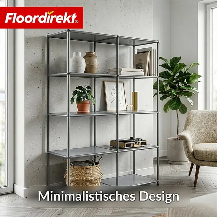 Floordirekt Metallregal Concept Epure MK-015 Grau - H x B x T: 118 x 78 x 40 cm, Anzahl Böden: 5 Stk., Schrauben, Grau - Graues moduläres Regal für Lagerung und Präsentation in einem modernen Wohnzimmer.