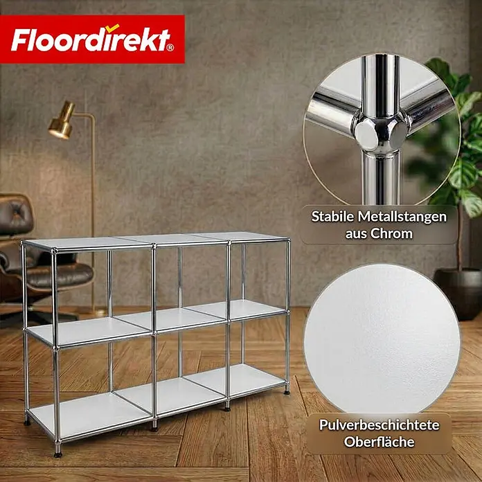 Floordirekt Metallregal Concept Epure MK-018 Weiß - Anzahl Böden: 3 Stk., Schrauben, Weiß - Weißes Regal mit Chromrahmen in einem modernen Wohnzimmer.