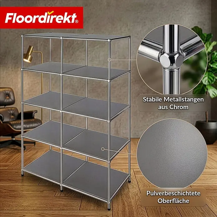 Floordirekt Metallregal Concept Epure MK-015 Grau - H x B x T: 118 x 78 x 40 cm, Anzahl Böden: 5 Stk., Schrauben, Grau - Fünfstöckiges Regal mit verchromtem Metallrahmen und grauen, pulverbeschichteten Böden, mit Materialdetails.