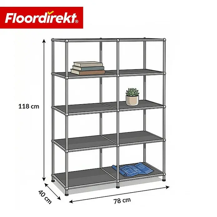 Floordirekt Metallregal Concept Epure MK-015 Grau - H x B x T: 118 x 78 x 40 cm, Anzahl Böden: 5 Stk., Schrauben, Grau - Graues modulares Regal mit 8 Fächern, Metallrahmen und dunkelgrauen Ablagen. 118x78x40 cm.