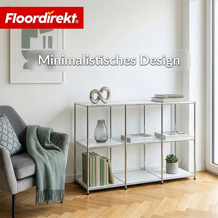 Floordirekt Metallregal Concept Epure MK-018 Weiß - Anzahl Böden: 3 Stk., Schrauben, Weiß - Weißes, modulares Regal mit Chromrahmen, als niedriges Bücherregal, für Bücher und Dekoartikel.