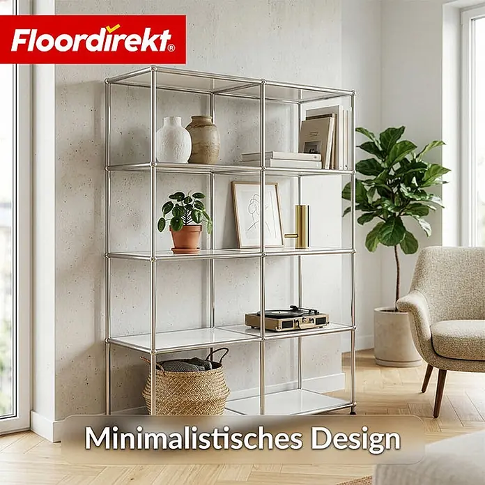 Floordirekt Metallregal Concept Epure MK-015 Weiß - Anzahl Böden: 5 Stk., Schrauben, Weiß - Metallregal mit weißen Böden in einem Raum, dekoriert mit Büchern, Pflanzen und Dekoartikeln.