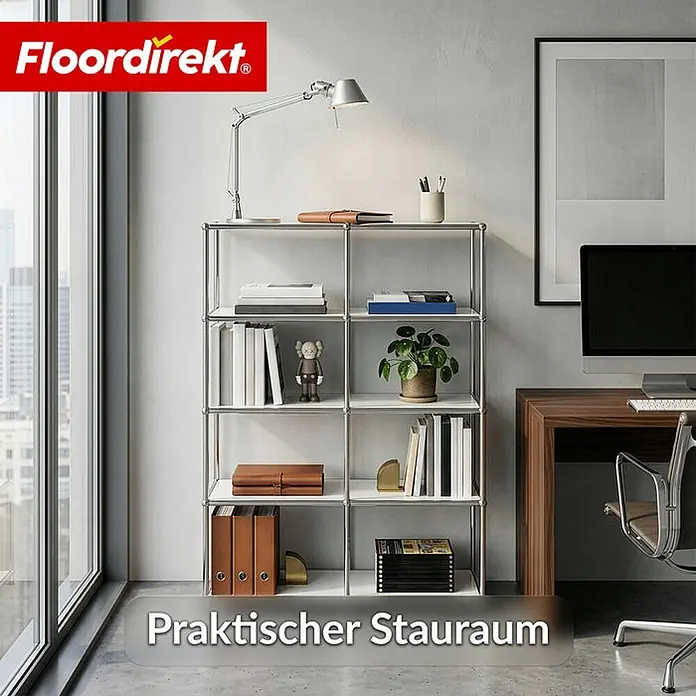 Floordirekt Metallregal Concept Epure MK-015 Weiß - Anzahl Böden: 5 Stk., Schrauben, Weiß - Silberfarbenes modulares Regal mit weißen Ablagen, bietet praktischen Stauraum für Bücher und Deko in einem modernen Raum.