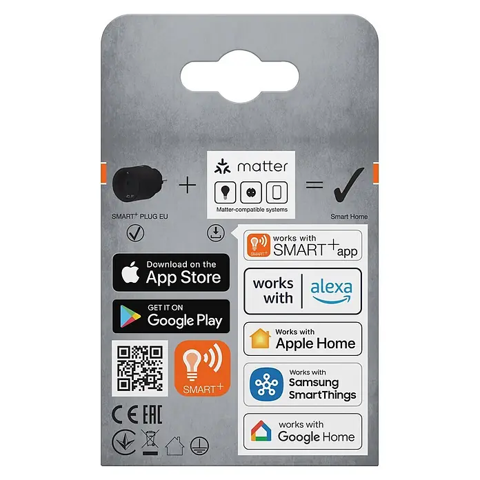 Osram Smart+ Smart-Steckdose matter - Innen, Schwarz, 1 Stk. - Schwarzer EU Smart Plug auf Verpackung, zeigt Kompatibilität mit Matter, SMART+ App, Alexa, Apple Home, Samsung SmartThings und Google Home.