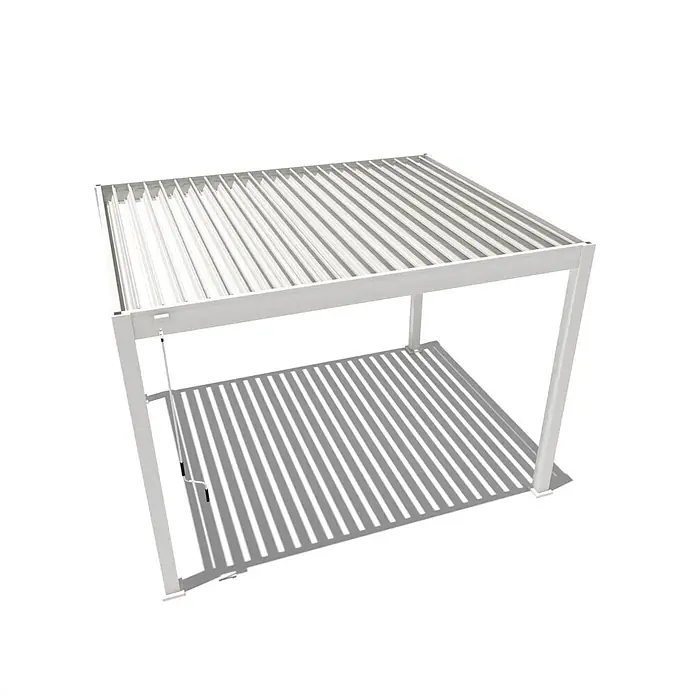 Weide Pergola Classic 3 x 3,6 M Weiß - B x T: 360 x 300 cm, Farbe Gestell: Weiß, Aluminium - Weiße Lamellenpergola mit verstellbaren Dachlamellen, wirft gestreifte Schatten auf den Boden.