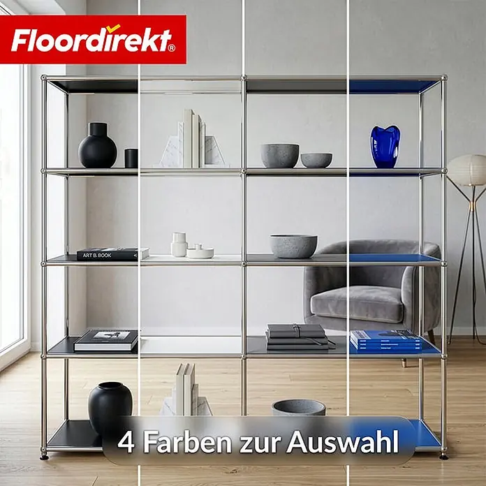 Floordirekt Metallregal Concept Epure MK-015 Weiß - Anzahl Böden: 5 Stk., Schrauben, Weiß - Modernes Regal mit Chromrahmen und Ablagen in Schwarz, Weiß, Grau und Blau, vier Farboptionen zur Auswahl.