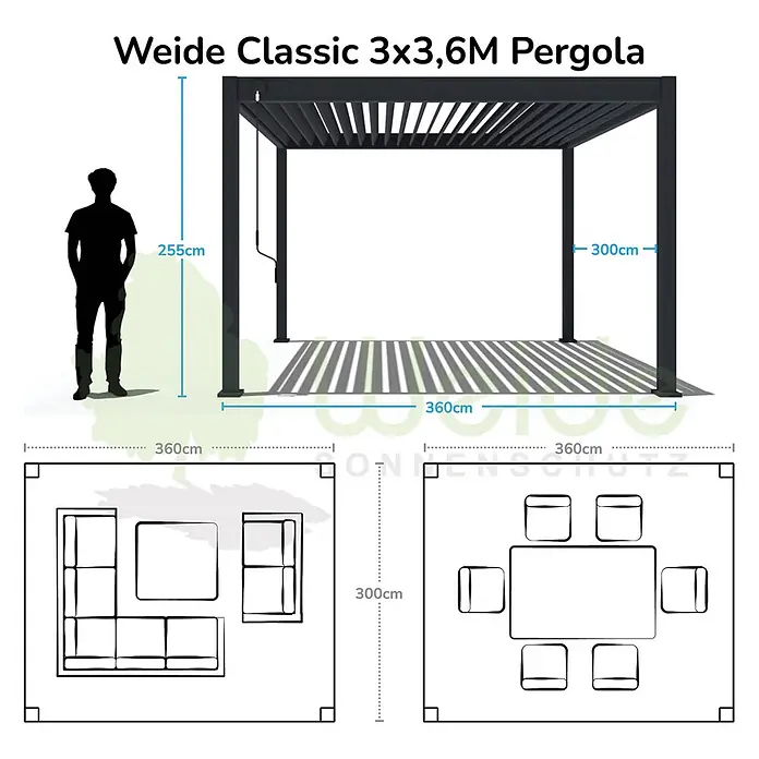 Weide Pergola Classic 3 x 3,6 M Anthrazit - B x T: 360 x 300 cm, Farbe Gestell: Anthrazit, Aluminium - Dunkelgraue Weide Classic Pergola mit verstellbarem Lamellendach, zeigt Maße (300x360x255cm) und Möblierungsoptionen.