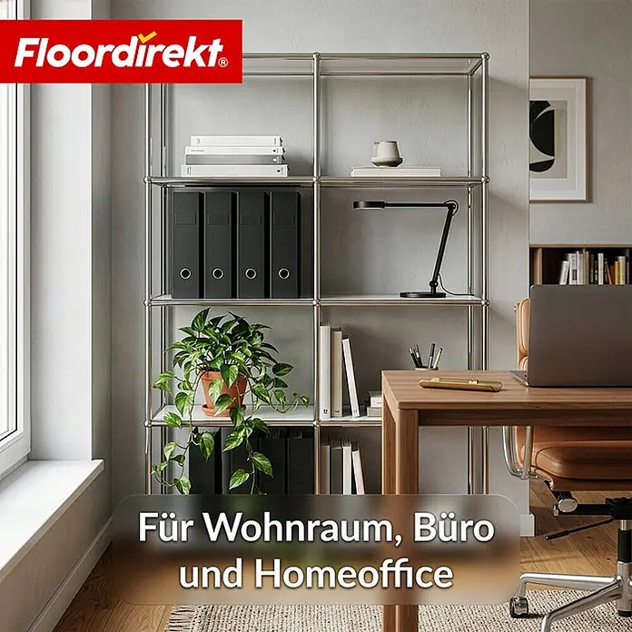 Floordirekt Metallregal Concept Epure MK-015 Weiß - Anzahl Böden: 5 Stk., Schrauben, Weiß - Modulares Regal aus Chrom im Homeoffice, Bücher, Ordner und Pflanze präsentierend.