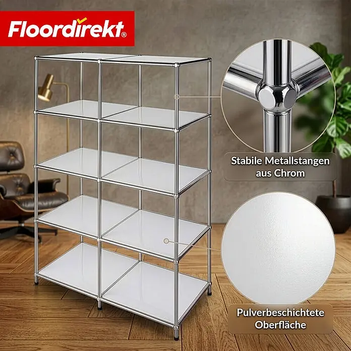 Floordirekt Metallregal Concept Epure MK-015 Weiß - Anzahl Böden: 5 Stk., Schrauben, Weiß - Modulares fünfstöckiges Chromregal mit weißen, pulverbeschichteten Böden, stabilen Metallstangen und robusten Verbindungen.