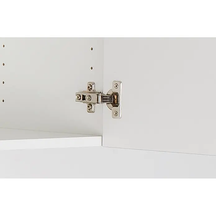Optifit Küchenleerblock Oslo214 - Breite: 270 cm, Weiß, Ohne Elektrogeräte - Silberfarbenes Metallscharnier in einem weißen Schrank montiert, mit sichtbaren Regalbodenträgerlöchern.