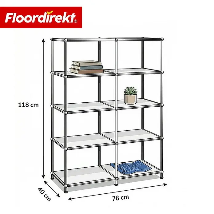 Floordirekt Metallregal Concept Epure MK-015 Weiß - Anzahl Böden: 5 Stk., Schrauben, Weiß - Weißes, moduläres Regal mit Metallrahmen, mehreren Ablagefächern und Maßen.