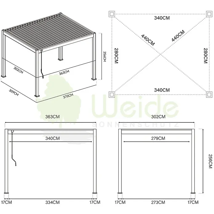 Weide Pergola Classic 3 x 3,6 M Anthrazit - B x T: 360 x 300 cm, Farbe Gestell: Anthrazit, Aluminium - Technische Zeichnung mit Maßen für eine moderne Lamellendach-Pergola.