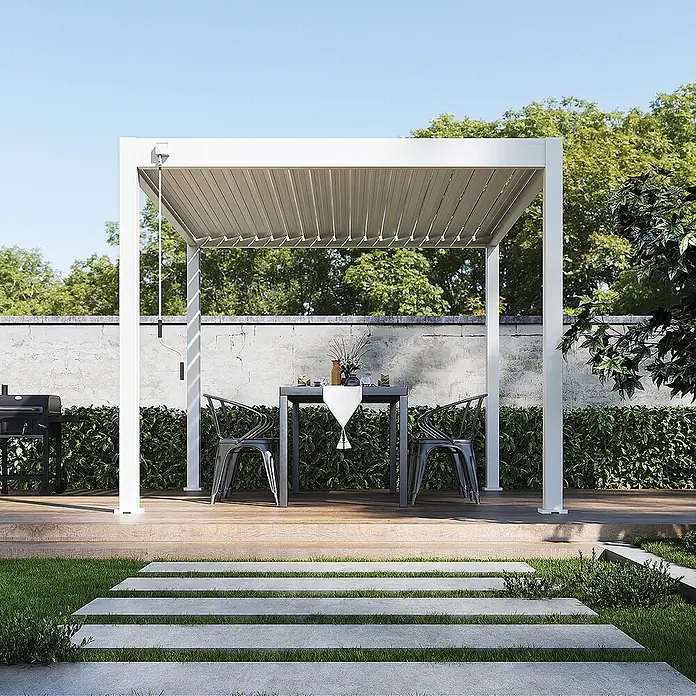 Weide Pergola Classic 3 x 3 M Weiß - B x T: 300 x 300 cm, Farbe Gestell: Weiß, Metall - Weiße Aluminium-Pergola mit verstellbaren Lamellen auf Holzdeck, bietet Schatten für einen Essbereich im Freien.