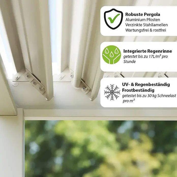 Weide Pergola Classic 3 x 3 M Weiß - B x T: 300 x 300 cm, Farbe Gestell: Weiß, Metall - Beiges, verstellbares Lamellendach einer Pergola von unten, mit Texten zu Wetterbeständigkeit und Materialeigenschaften.