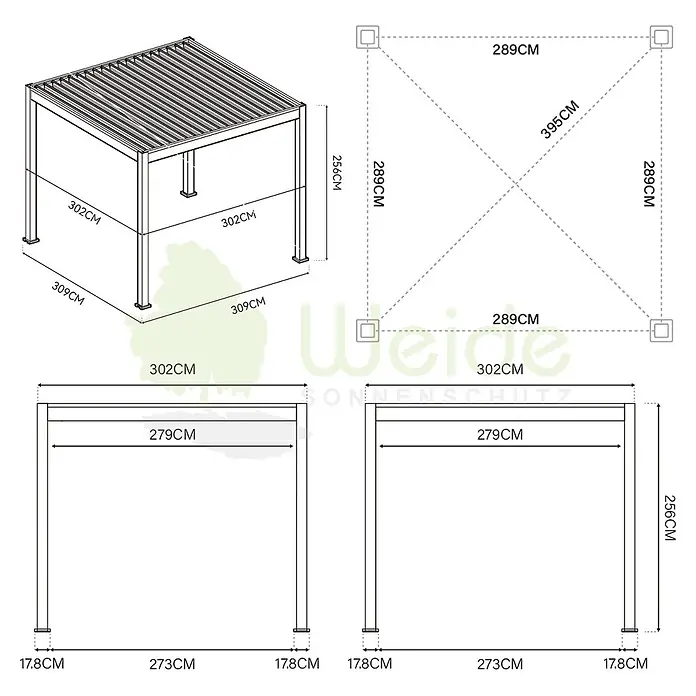 Weide Pergola Classic 3 x 3 M Weiß - B x T: 300 x 300 cm, Farbe Gestell: Weiß, Metall - Maßzeichnung einer rechteckigen Pergola mit Lamellendach, inklusive detaillierter Abmessungen.