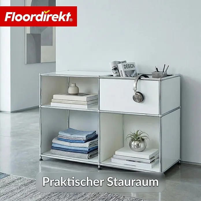 Floordirekt Metallregal Concept Epure MK-030 Weiß - Anzahl Böden: 3 Stk., Schrauben, Weiß - Weißes modulares Aufbewahrungsmöbel mit Chromrahmen, offenen Fächern und einer Schublade für vielseitigen Stauraum.