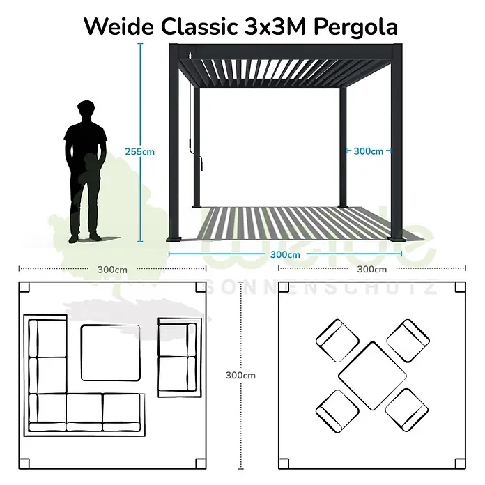 Weide Pergola Classic 3 x 3 M Weiß - B x T: 300 x 300 cm, Farbe Gestell: Weiß, Metall - Schwarze Metall-Pergola Weide Classic 3x3M, 255cm hoch, mit Maßen und möglichen Möbel-Layouts.