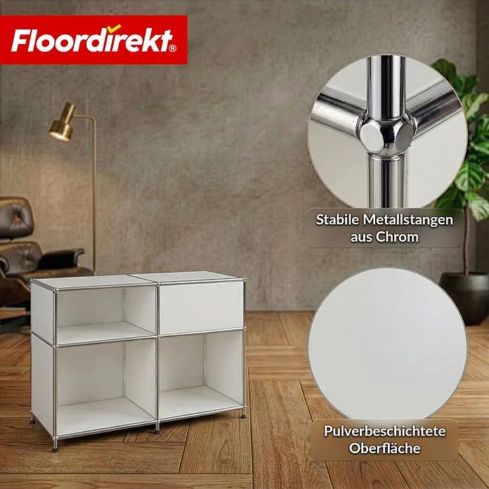 Floordirekt Metallregal Concept Epure MK-030 Weiß - Anzahl Böden: 3 Stk., Schrauben, Weiß - Weißer modularer Schrank mit Chromrahmen zur Aufbewahrung, mit pulverbeschichteter Oberfläche und vier Fächern.