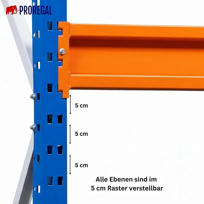 PROREGAL Industrie Weitspannregal Lagerregal MAXIMUS PRO Grundregal HxBxT 200x225x80cm 4 Ebenen, Spanplatten-Fachboden, Fachlast 610 kg Blau/Orange -  - Blauer Schwerlastregal-Ständer mit orangefarbenem Träger, im 5 cm Raster verstellbar.